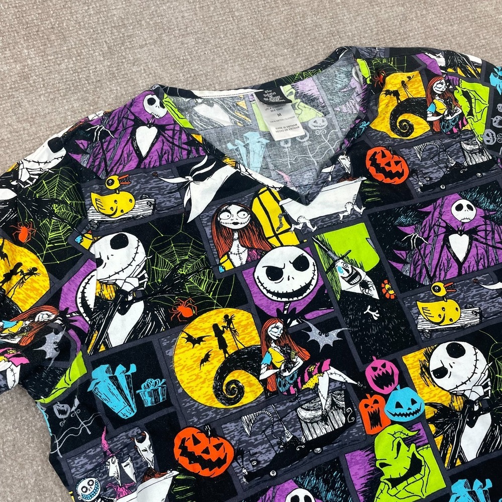 Disney Scrub Top Womens M Multi‎ The Nightmare Before Christmas Halloween Cotton